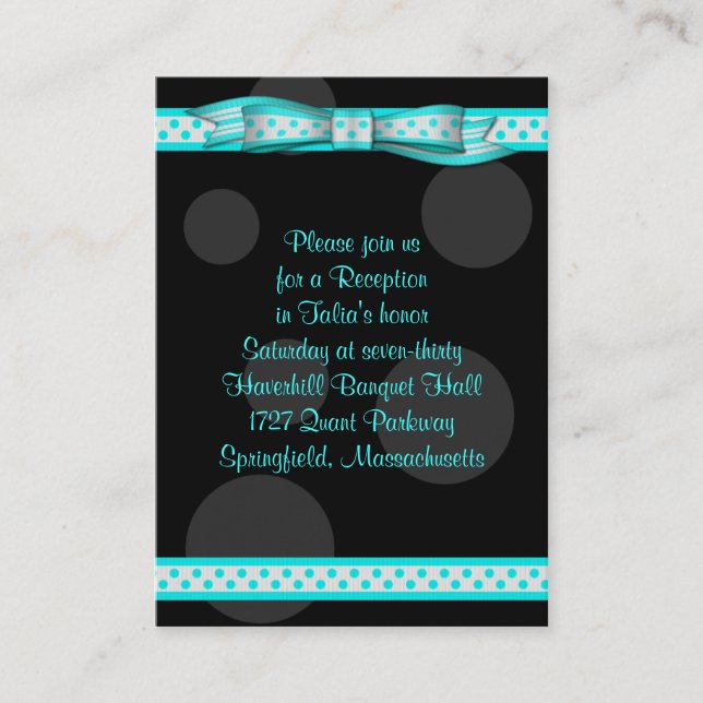 D'accompagnement Carte de réception Bat mitzvah Aqua Black Dot Ribb (Devant)