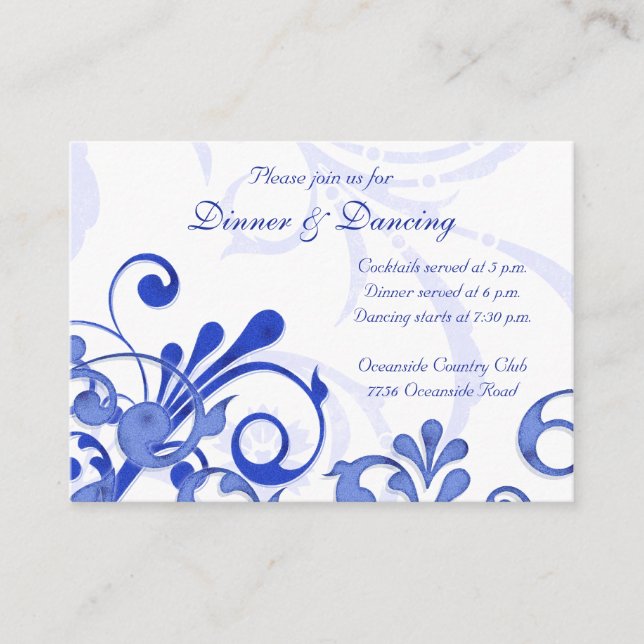 D'accompagnement Carte de réception de mariage floral bleu et blanc (Devant)