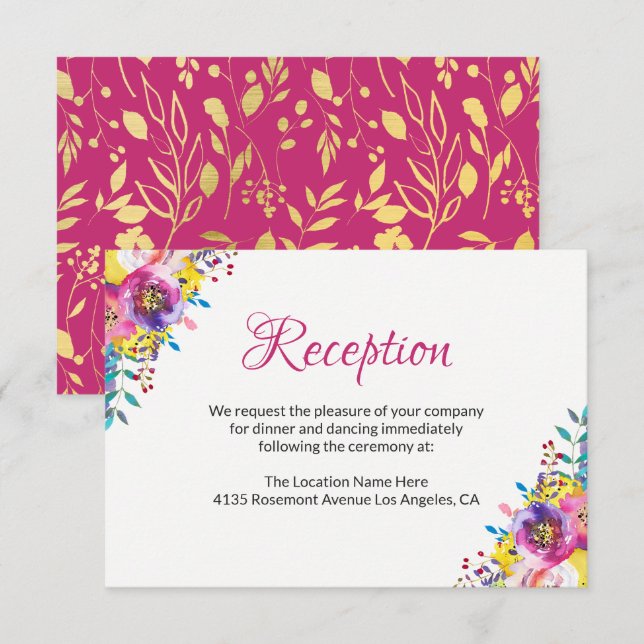 D'accompagnement Carte de réception de mariage florale Fuchsia Gold (Devant / Derrière)
