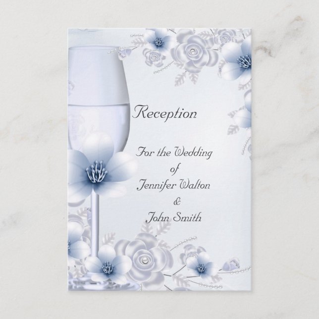 D'accompagnement Carte de Réception Mariage Argent Bleu Rose Fleuri (Devant)