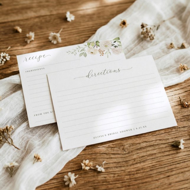 D'accompagnement Carte de recette aquarelle florale verdure pour la (Elegant bridal shower recipe cards with watercolor white flowers and greenery - double sided)