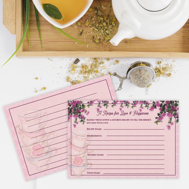 D'accompagnement Carte de recette de douche de mariée Tasses à thé  (Pink Floral Teacups Bridal Shower Recipe Card)