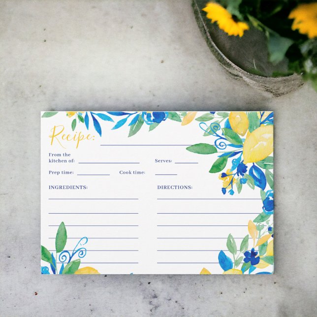 D'accompagnement carte de recette de mariage en écriture florale bl (Italian lemon blue floral script bridal recipe enclosure card)