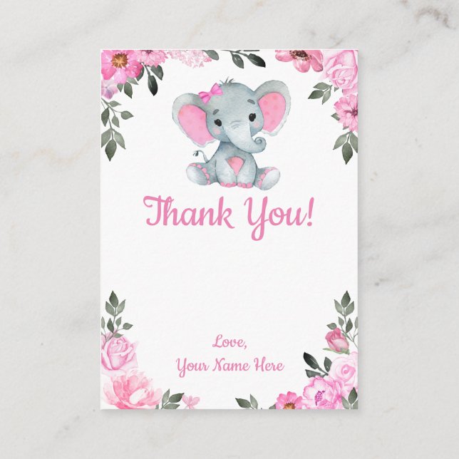D'accompagnement Carte de remerciements fille Eléphant Douche rose  (Dos)