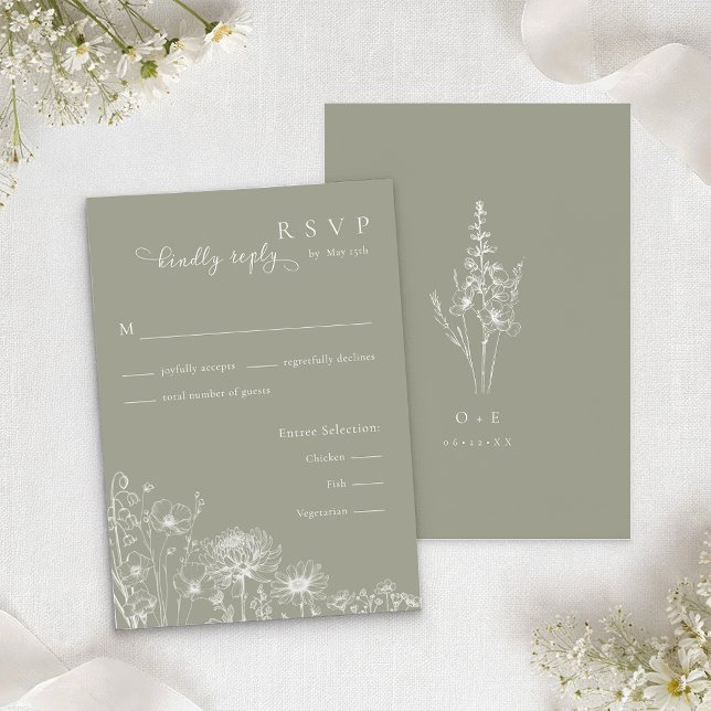 D'accompagnement Carte de réponse de mariage avec insertion de fleu (Sage green wildflower RSVP card with elegant line art florals and matching monogram back
)