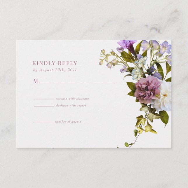 D'accompagnement Carte de réponse de mariage Fleurs roses et violet (Devant)