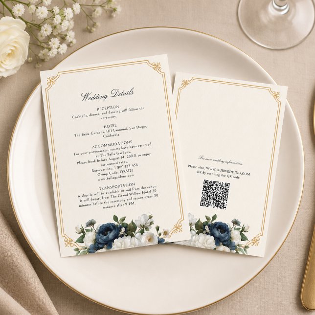 D'accompagnement Carte de réponse de mariage Royal Blue Peony avec  (Navy Blue & White Floral Wedding details)