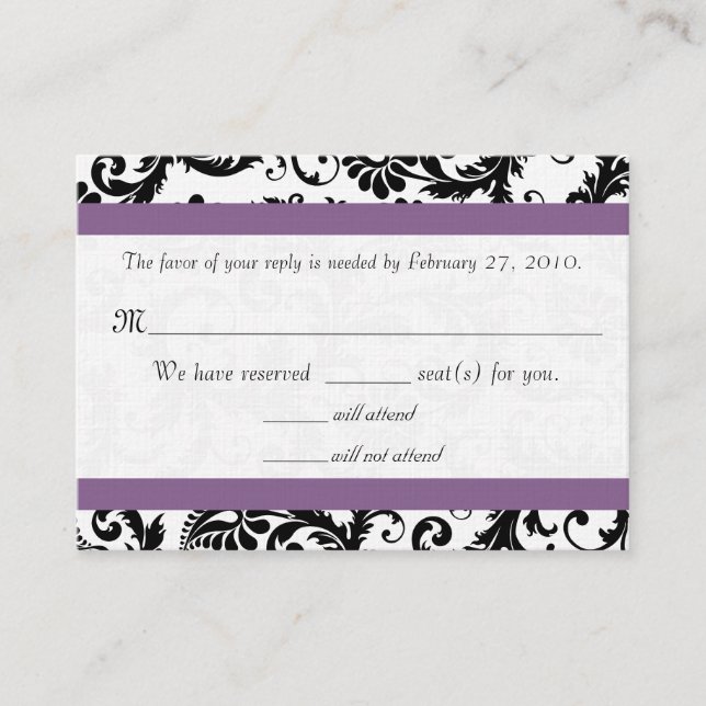 D'accompagnement Carte de réponse de mariage RSVP violet damas noir (Devant)