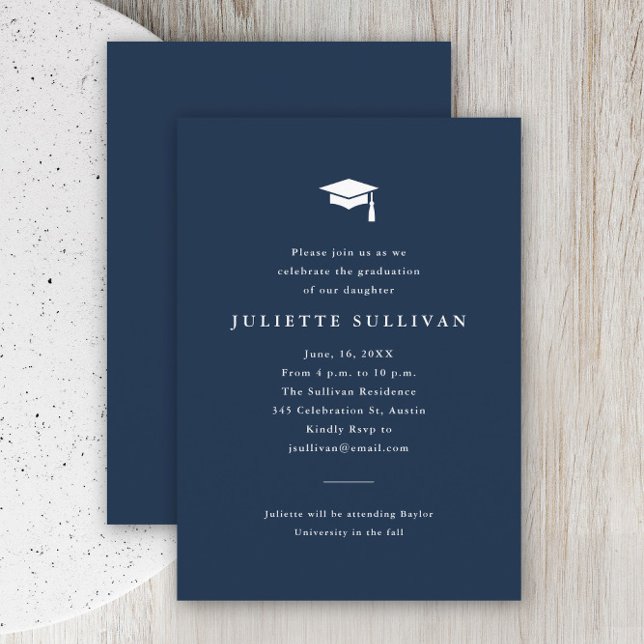 D'accompagnement Carte de Réponse de Remise de Diplôme à Typographi (Simple typography navy blue graduation invitation announcement enclosure card.)