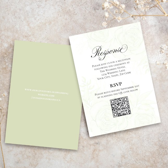 D'accompagnement Carte de réponse QR Code de mariage avec écriture  (Light sage green wedding website card with minimalist text and modern layout.)