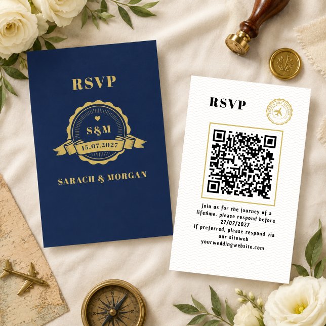 D'accompagnement Carte de réponse QR-Code de mariage de destination (Enclosure Cards wedding destination beach nautical navy blue tropical)