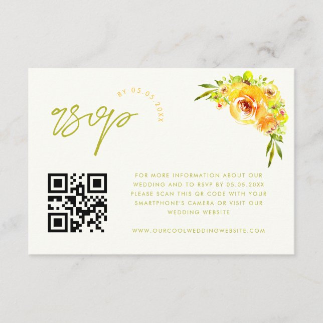 D'accompagnement Carte de réponse QR Code florale vibrante jaune et (Devant)