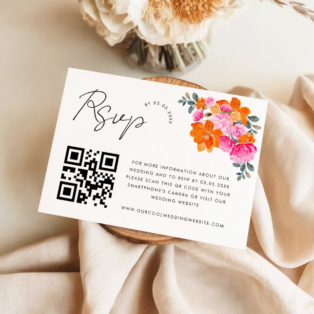 D'accompagnement Carte de réponse QR Code florale vibrante rose et  (Créateur téléchargé)