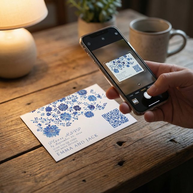 D'accompagnement Carte de réponse QR Code pour mariage à motif flor (Blue Floral Wedding RSVP QR Code response Card)