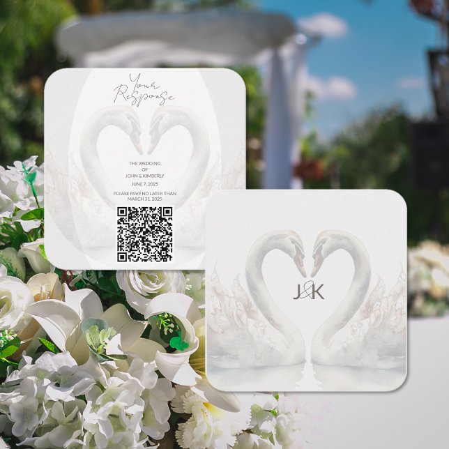 D'accompagnement Carte de réponse QR Code pour mariage aux cygnes r (Romantic Swan Wedding QR Code RSVP Enclosure (front and back))