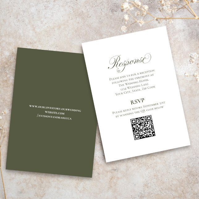 D'accompagnement Carte de réponse QR Code pour mariage avec écritur (Elegant olive green wedding RSVP card with script font and modern QR code response)