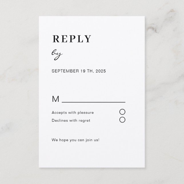D'accompagnement Carte de réponse simple moderne blanc noir RSVP (Devant)