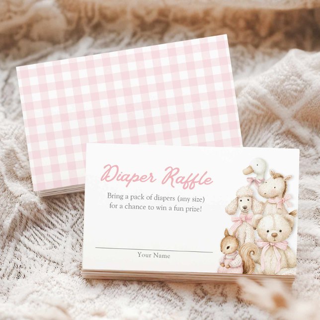 D'accompagnement Carte de tirage au sort de couche bébé animaux ros (Pink Gingham Baby Animals Diaper Raffle Ticket Card)
