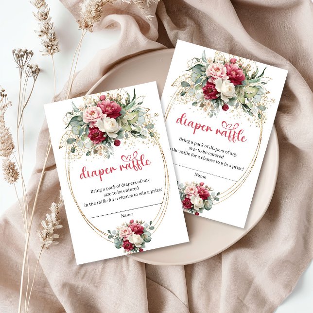 D'accompagnement Carte de tirage au sort de couche moderne Bourgogn (Modern Burgundy Gold Floral Diaper Raffle Card)