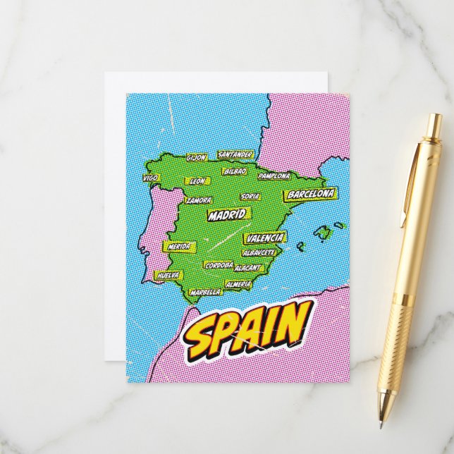 D'accompagnement Carte d'Espagne illustrée dans le style Pop Art (Devant/Arrière en situation)
