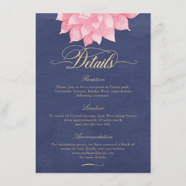 D'accompagnement Carte Détails du Mariage Navy Blush Gold Floral Da (Devant)