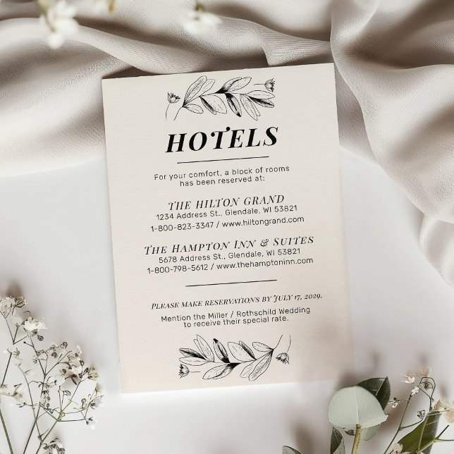 D'accompagnement Carte d'hôtel vintage Black & Cream Retro Mariage (Vintage Black & Cream retro newspaper theme botanical flowers wedding invitation hotel details card)