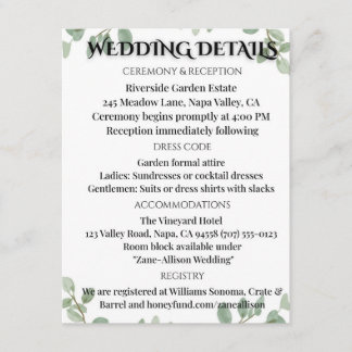 D'accompagnement Carte d'information de mariage au eucalyptus vert 