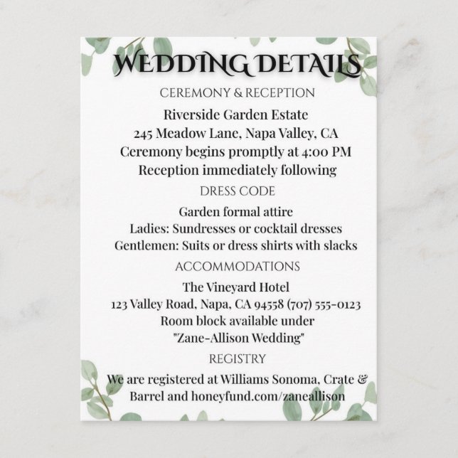 D'accompagnement Carte d'information de mariage au eucalyptus vert  (Devant)
