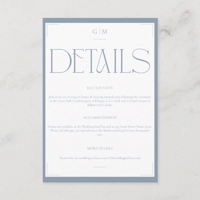 D'accompagnement Carte d'information de mariage classique bleu mono (Devant)