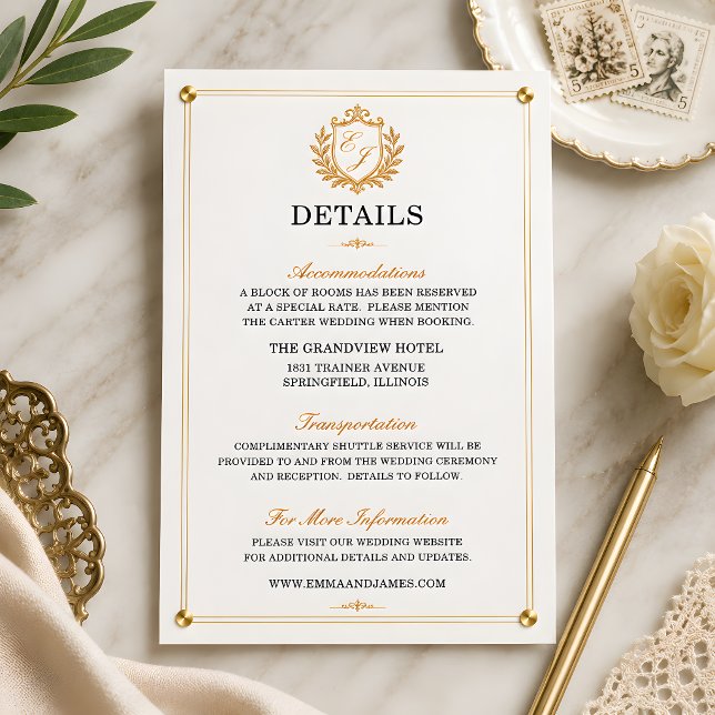 D'accompagnement Carte d'information de mariage élégante avec blaso (Elegant Gold Crest Wedding Details Enclosure Card)