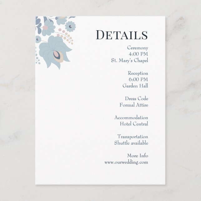 D'accompagnement Carte d'information de mariage florale bleu poussi (Devant)