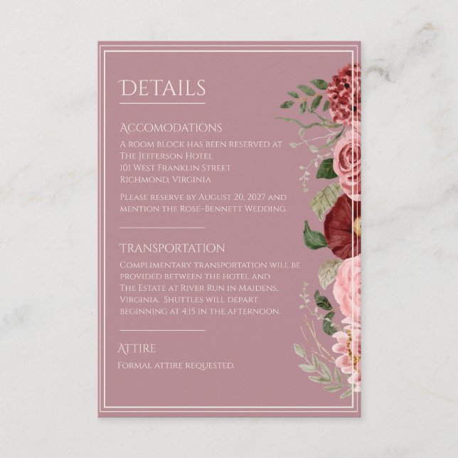 D'accompagnement Carte d'information de mariage florale bordeaux Ro (Devant)