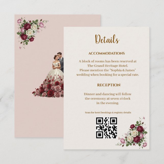D'accompagnement Carte d'information de mariage florale en Bourgogn (Devant / Derrière)