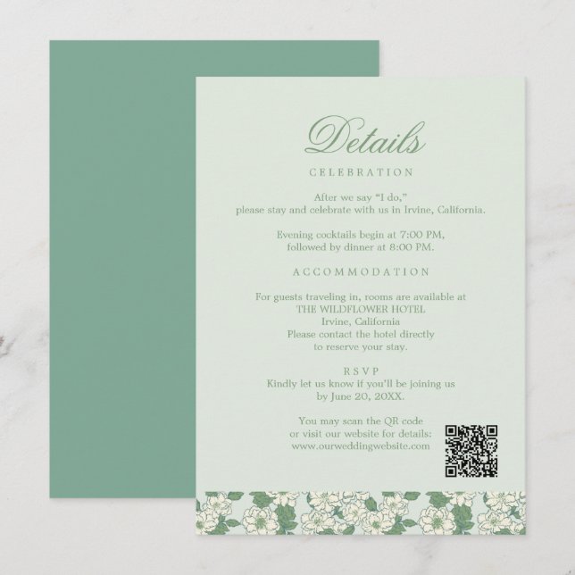 D'accompagnement Carte d'information de mariage Vert Sauge (Devant / Derrière)
