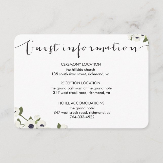 D'accompagnement Carte d'information du Mariage de fleurs d'anémone (Devant)
