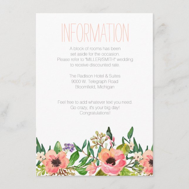 D'accompagnement Carte d'information sur le Mariage floral Aquarell (Devant)