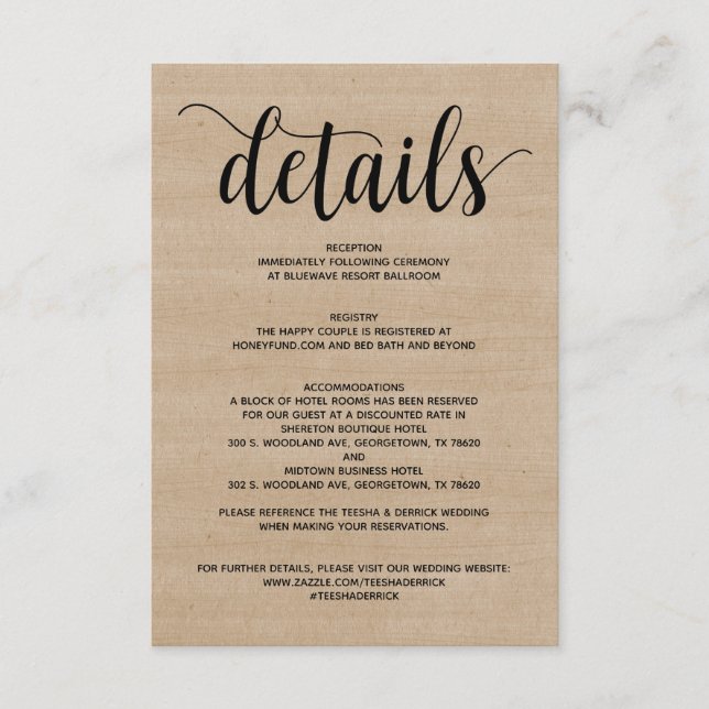 D'accompagnement Carte d'information sur les détails du mariage à l (Devant)