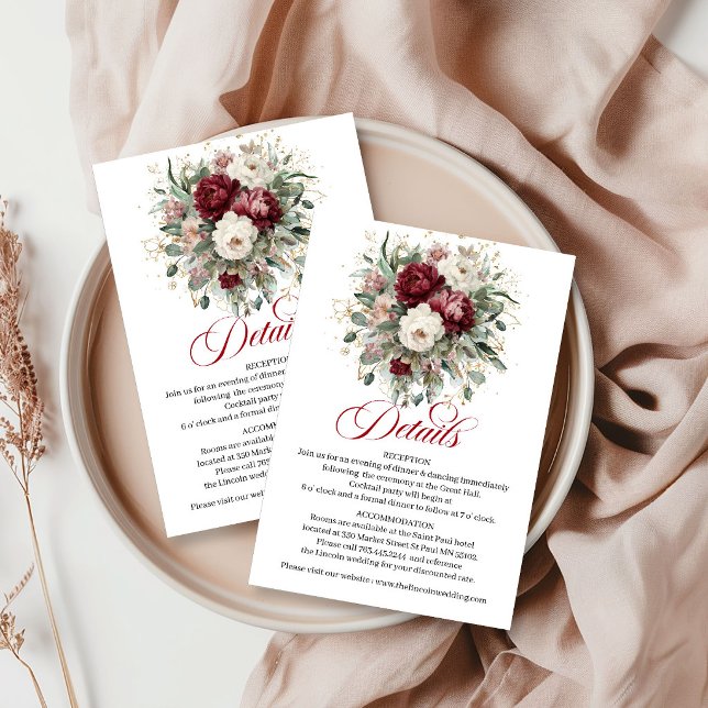D'accompagnement Carte d'information sur les fleurs de eucalyptus r (Luxury Deep Red Floral Eucalyptus Gold Info Card)
