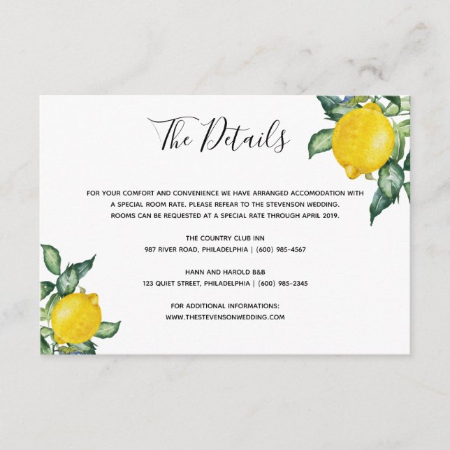 D'accompagnement Carte d'insertion de détails de mariage aux citron (Devant)