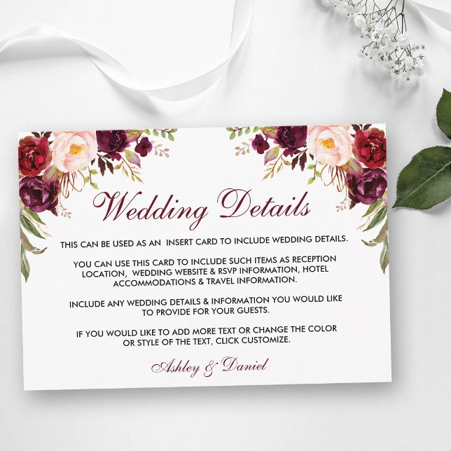 D'accompagnement Carte d'insertion de détails de mariage floral de  (Customize to change text size, style, color or to add more text to back of card.)