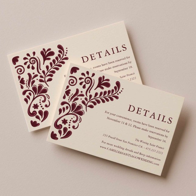 D'accompagnement Carte d'insertion de détails de mariage mexicain e (Burgundy Papel Picado Wedding Details Card)