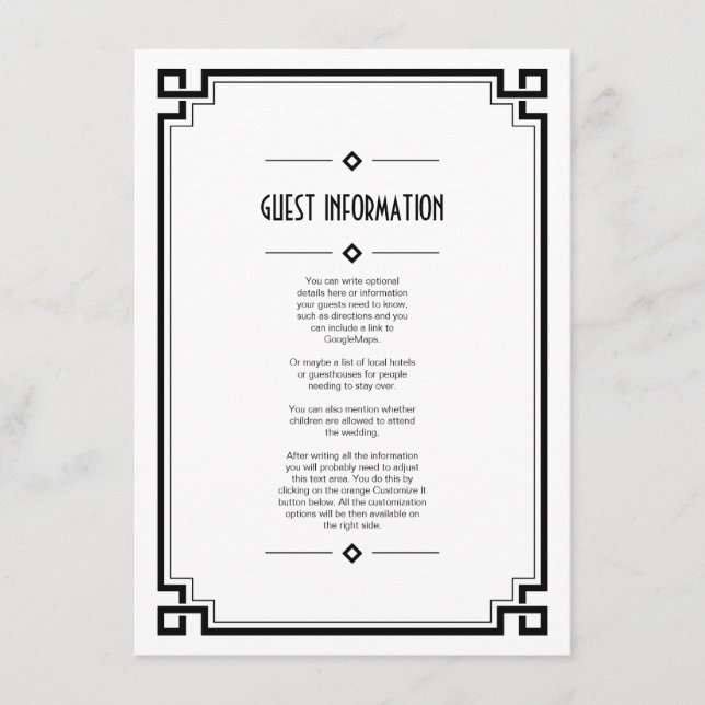 D'accompagnement Carte d'insertion de Mariage blanc Art déco cadre  (Devant)