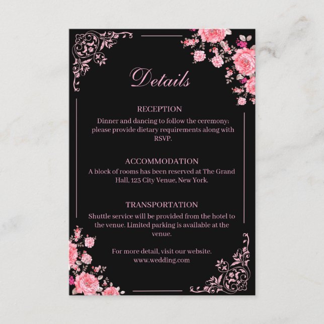 D'accompagnement Carte d'insertion de mariage florale noire et rose (Devant)