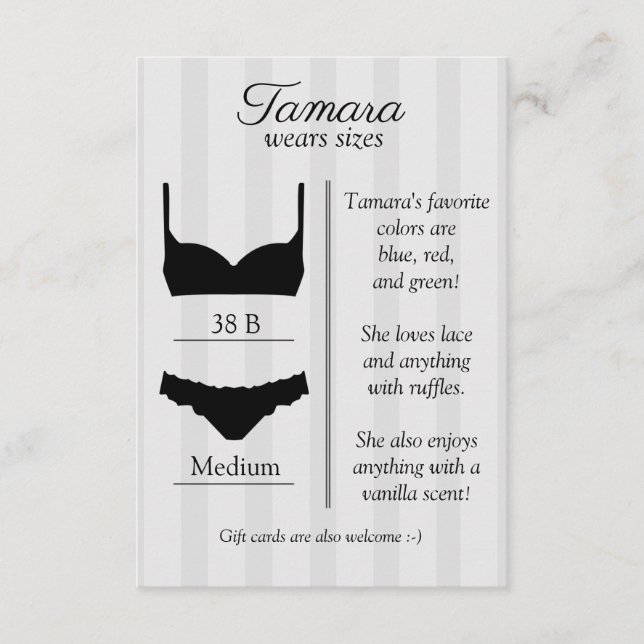 D'accompagnement Carte d'insertion de taille de lingerie de mariée (Devant)