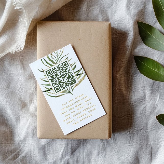 D'accompagnement Carte d'insertion Leaf et QR Code pour les command (Customer order insert card with a green and gold palm leaf with qr code inside and message below)
