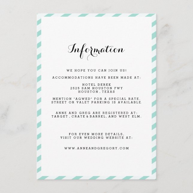 D'accompagnement Carte d'insertion turquoise Blue Stried Mariage In (Devant)