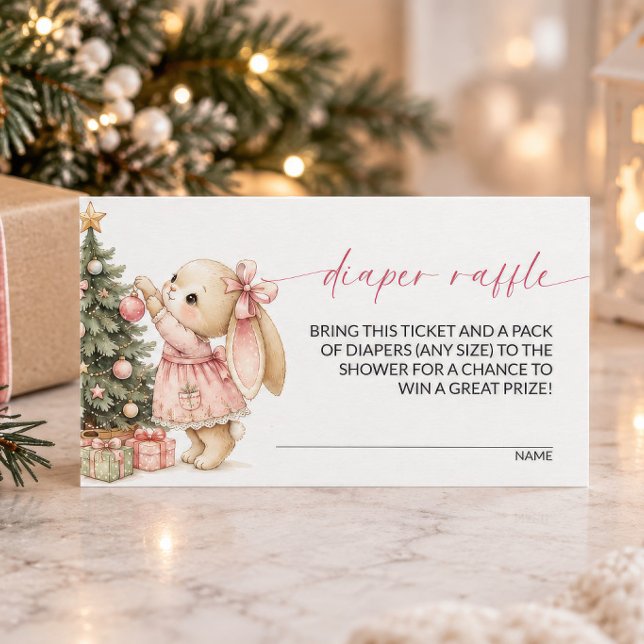 D'accompagnement Carte d'invitation pour un tirage au sort de couch (Bunny Christmas Diaper Raffle enclosure card styled with pine and gifts)