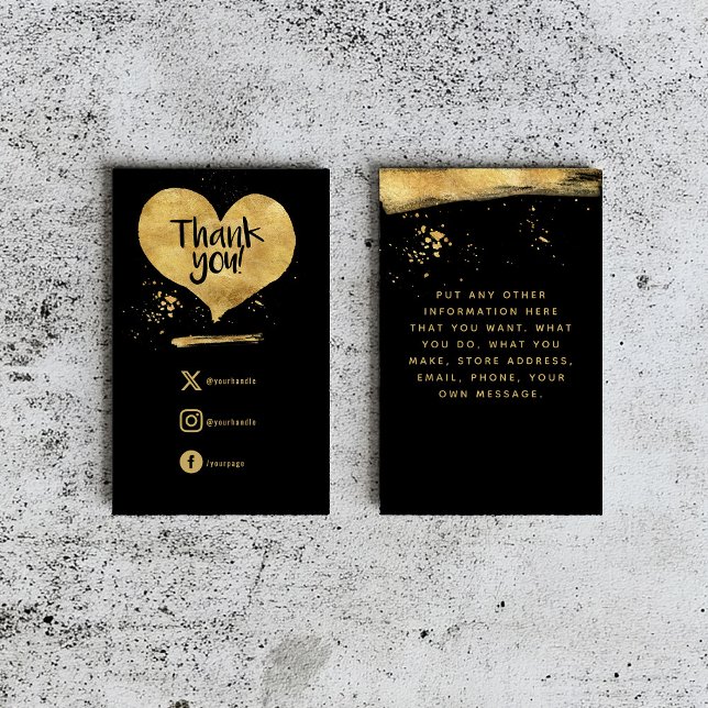 D'accompagnement Carte insert effet or coeur merci client (A black insert card with a gold heart saying "Thank you" and social media details beneath it.)