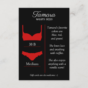 D'ACCOMPAGNEMENT CARTE INSERTION TAILLE LINGERIE : TOUTE COULEUR DE