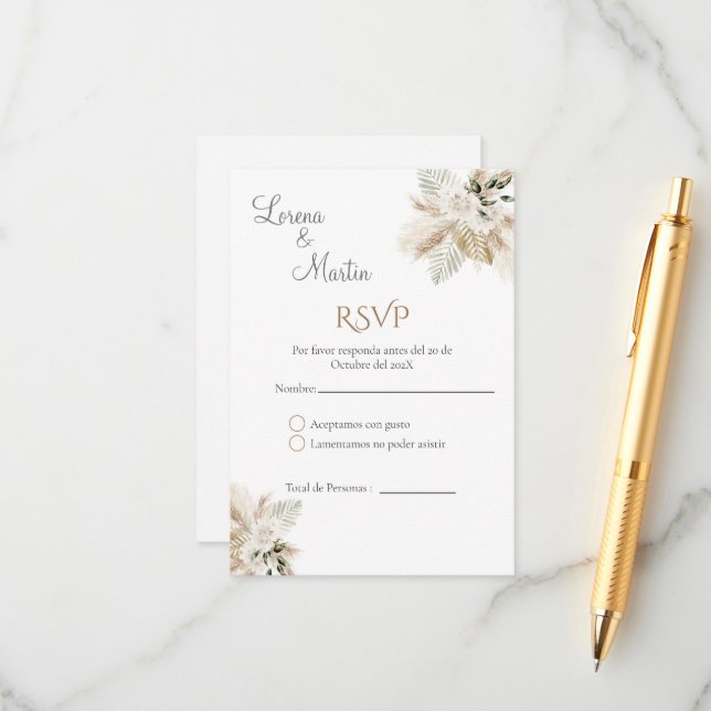 D'accompagnement Carte RSVP de mariage espagnol Boho (Devant/Arrière en situation)